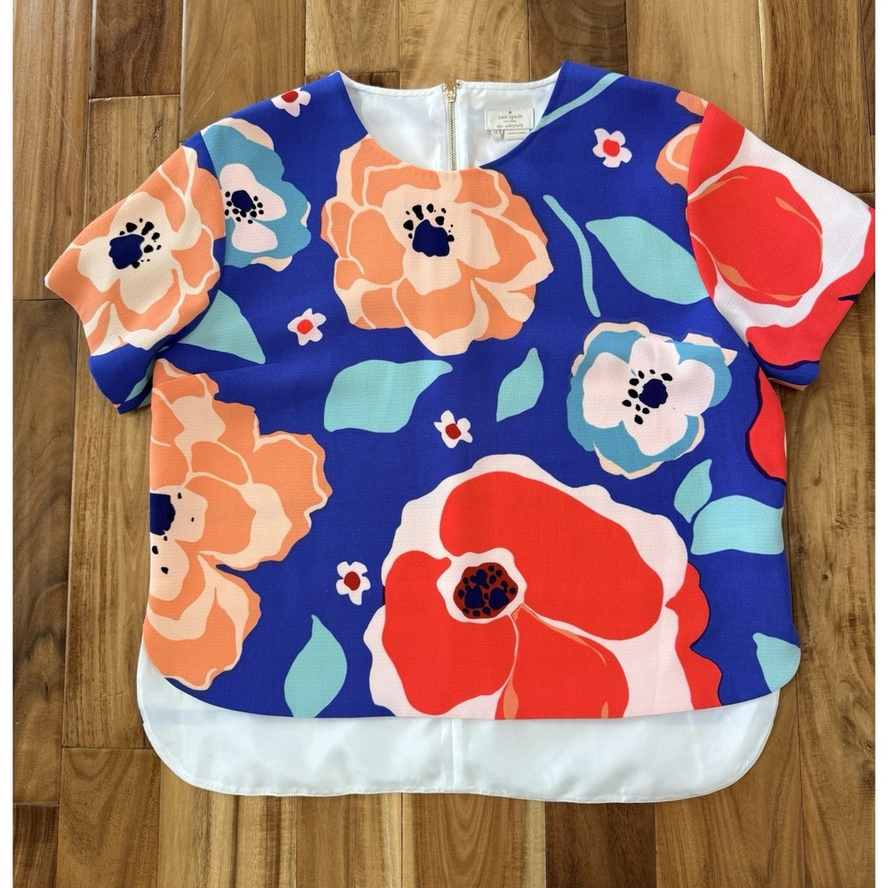 Kate Spade Ramona Striped Floral Colorful Print‎ Top Blouse Size 14 Blue Coral